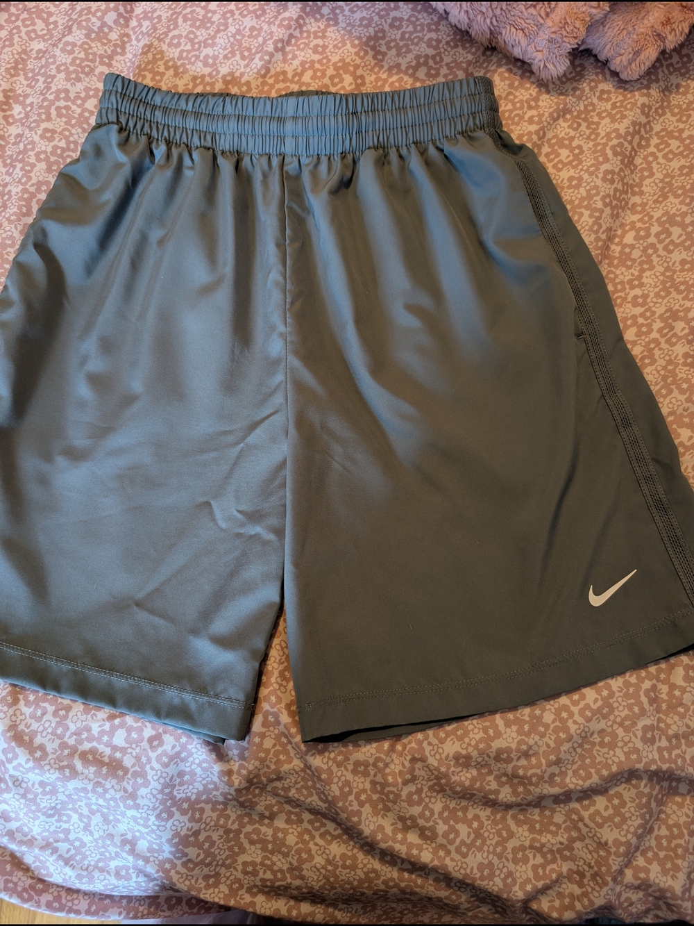 Nike Boys Olive Gray Athletic Shorts with Swoosh